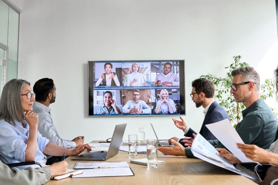 office workers in a video conferencing call