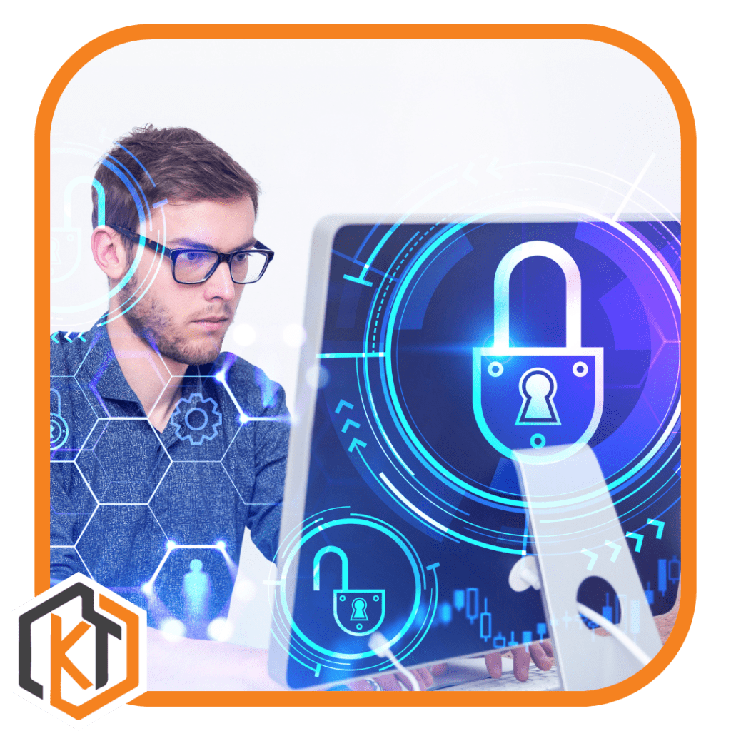 Male with glasses working on a mac with padlock symbols overlaid on top