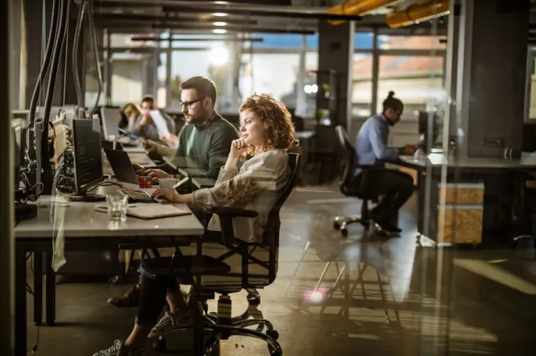 Employees working on computers in office