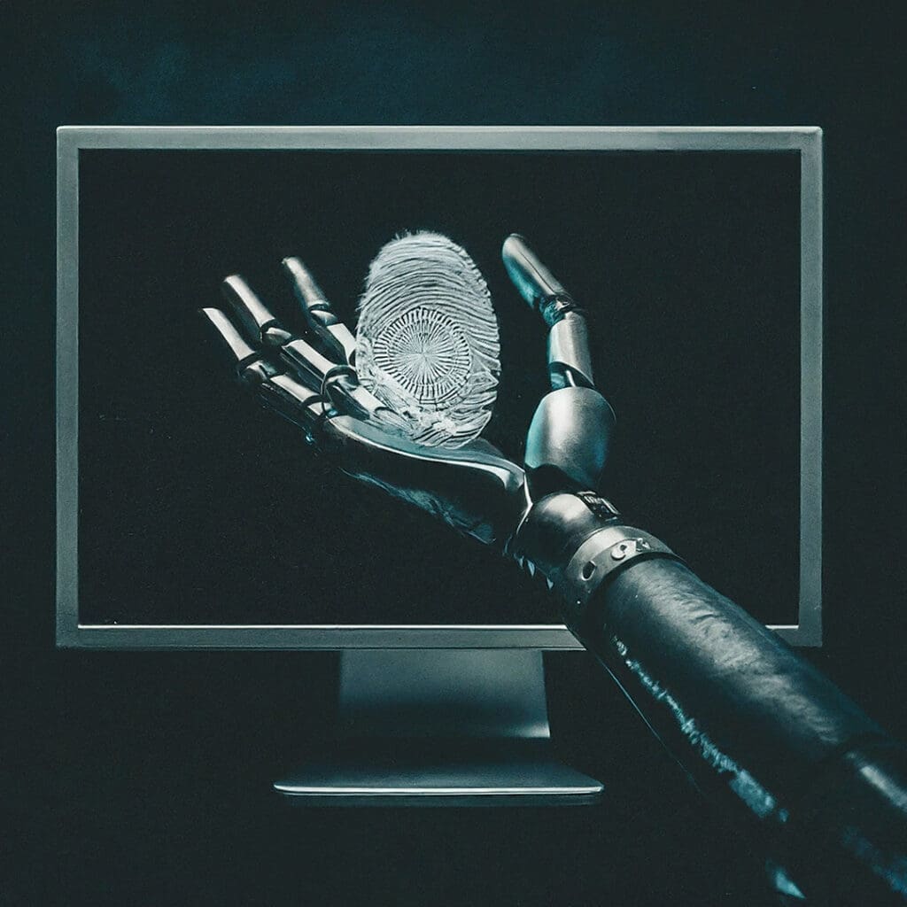 Robotic arm and hand holding a fingerprint in front of a computer monitor