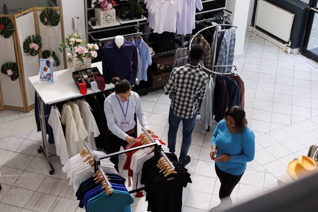 Customers-shopping-in-a-clothing-store-while-Ai-monitors-behaviors-for-patterns