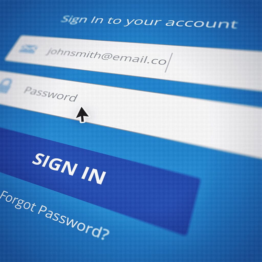 Computer screen showing login box for account with email typed in but password left blank