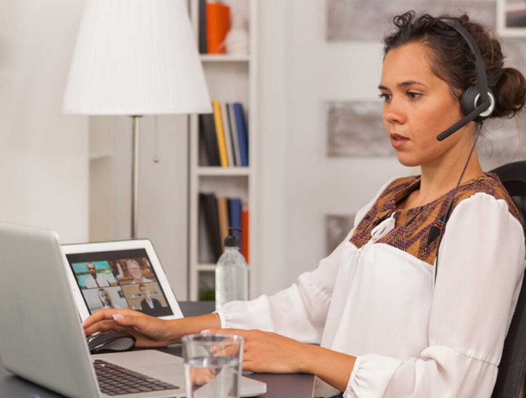 Woman-joins-a-video-conference-with-her-team-while-working-from-home